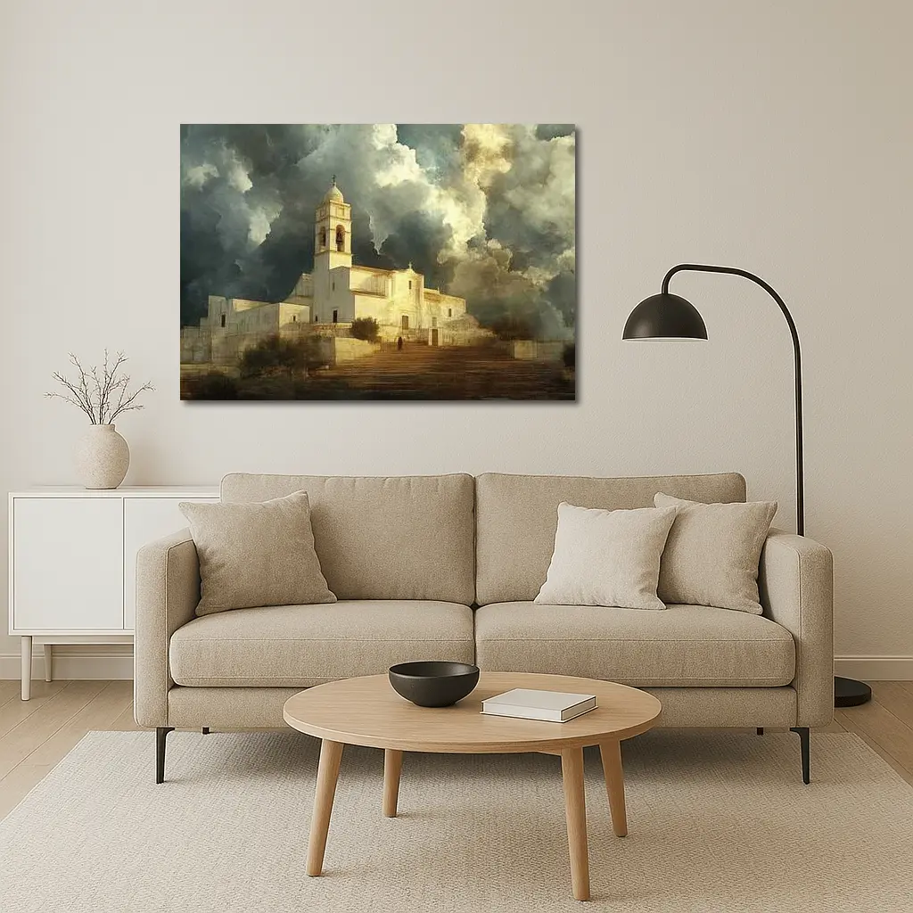White Mediterranean Church Dramatic Storm Clouds – Wall Art