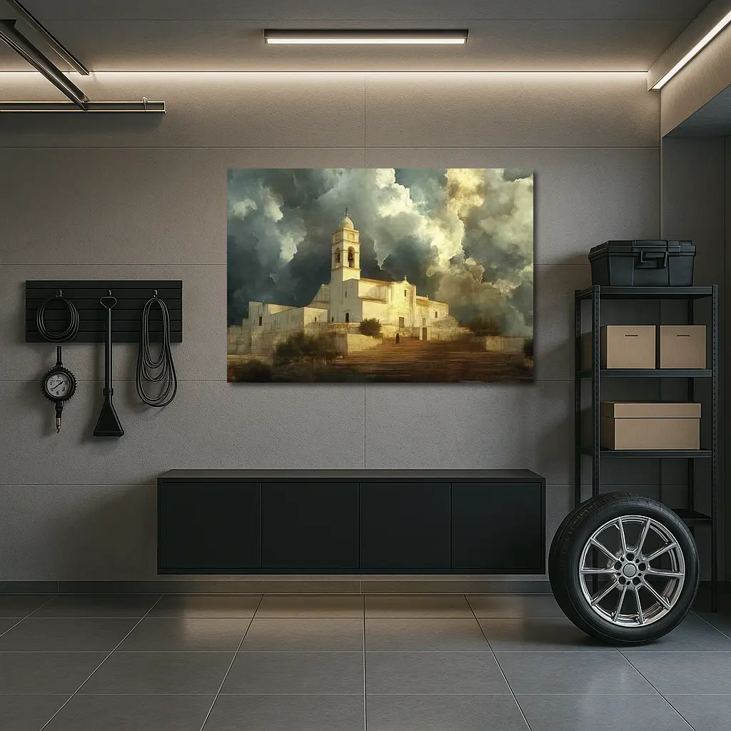 White Mediterranean Church Dramatic Storm Clouds – Wall Art