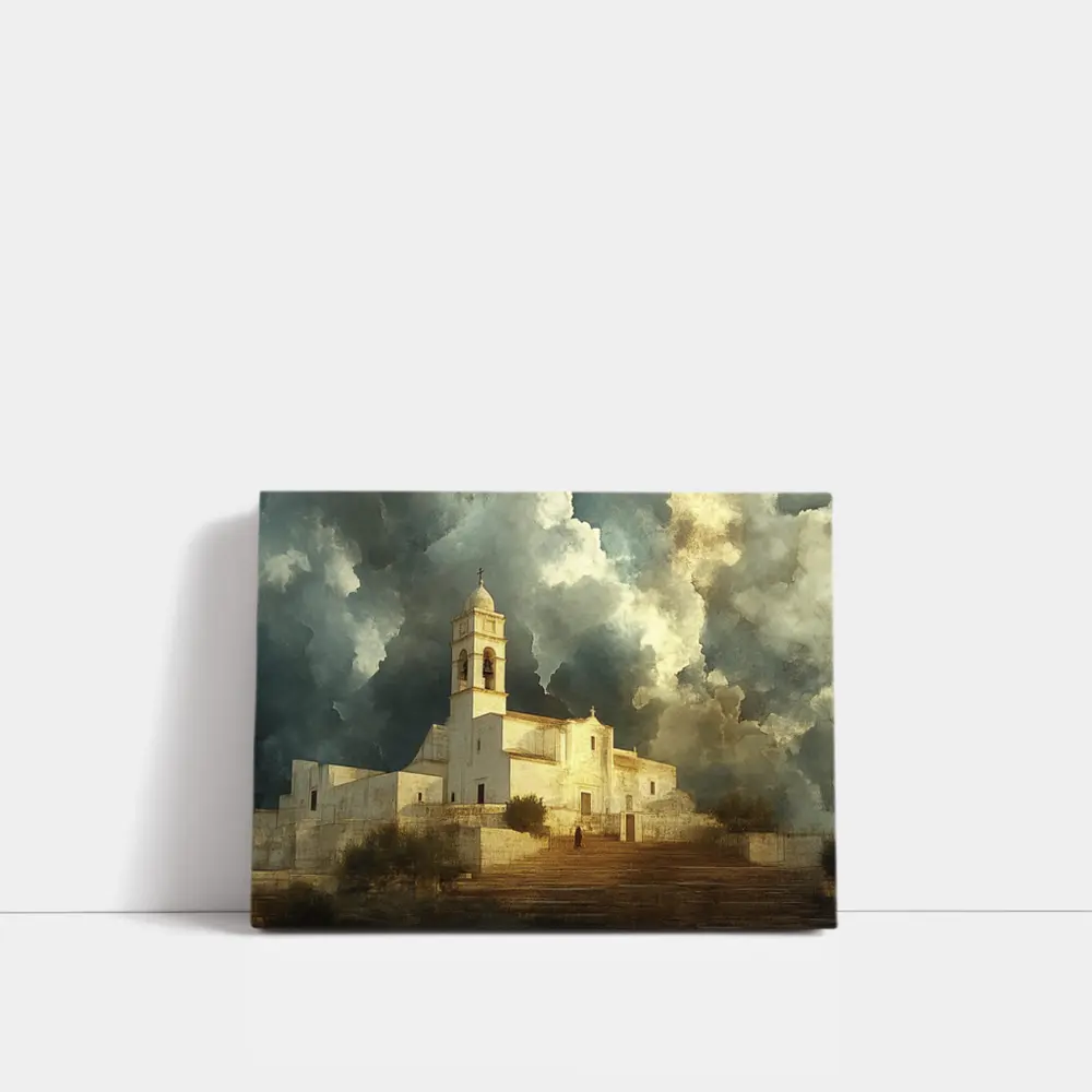 White Mediterranean Church Dramatic Storm Clouds – Wall Art