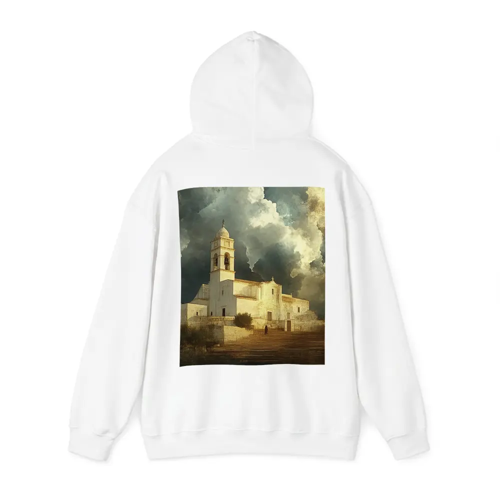 White Mediterranean Church Dramatic Storm Clouds – Hoodies