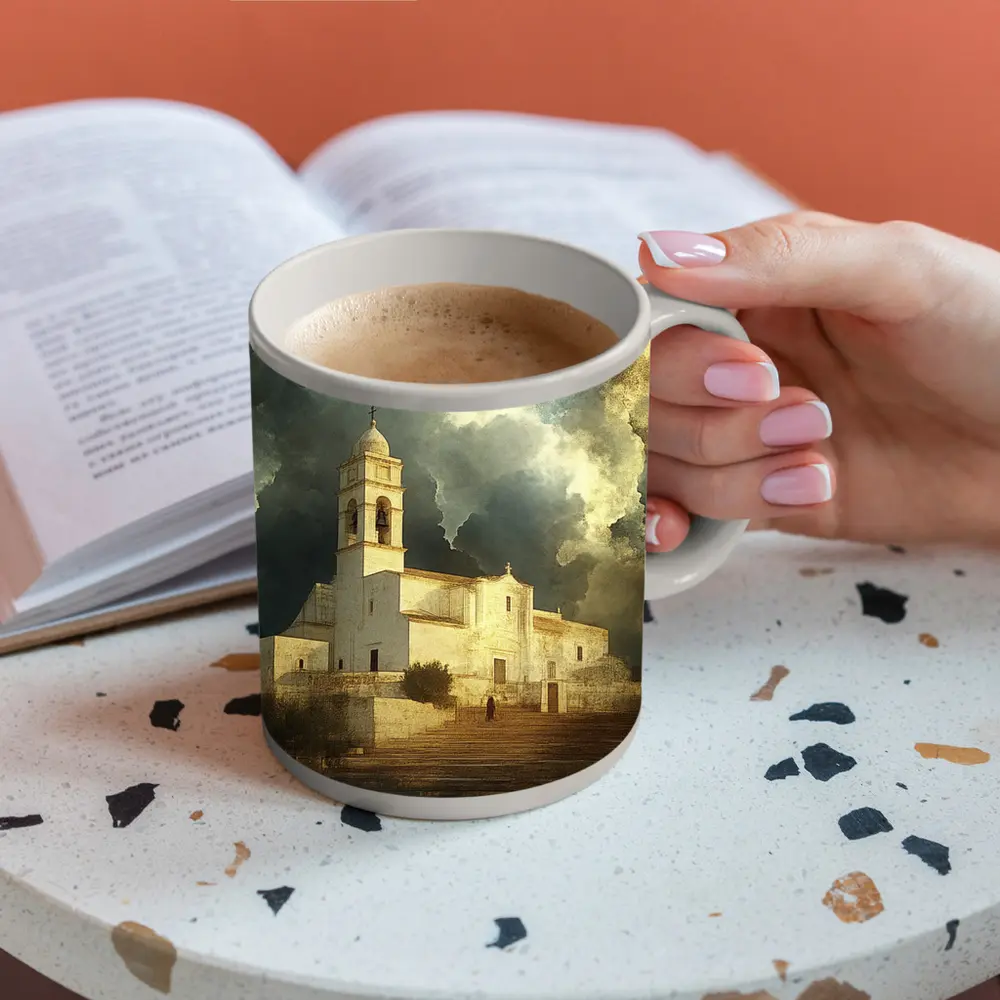 White Mediterranean Church Dramatic Storm Clouds – Mugs