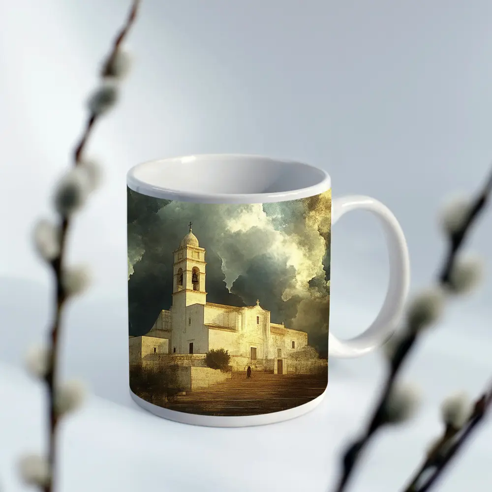 White Mediterranean Church Dramatic Storm Clouds – Mugs