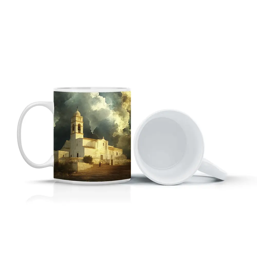 White Mediterranean Church Dramatic Storm Clouds – Mugs