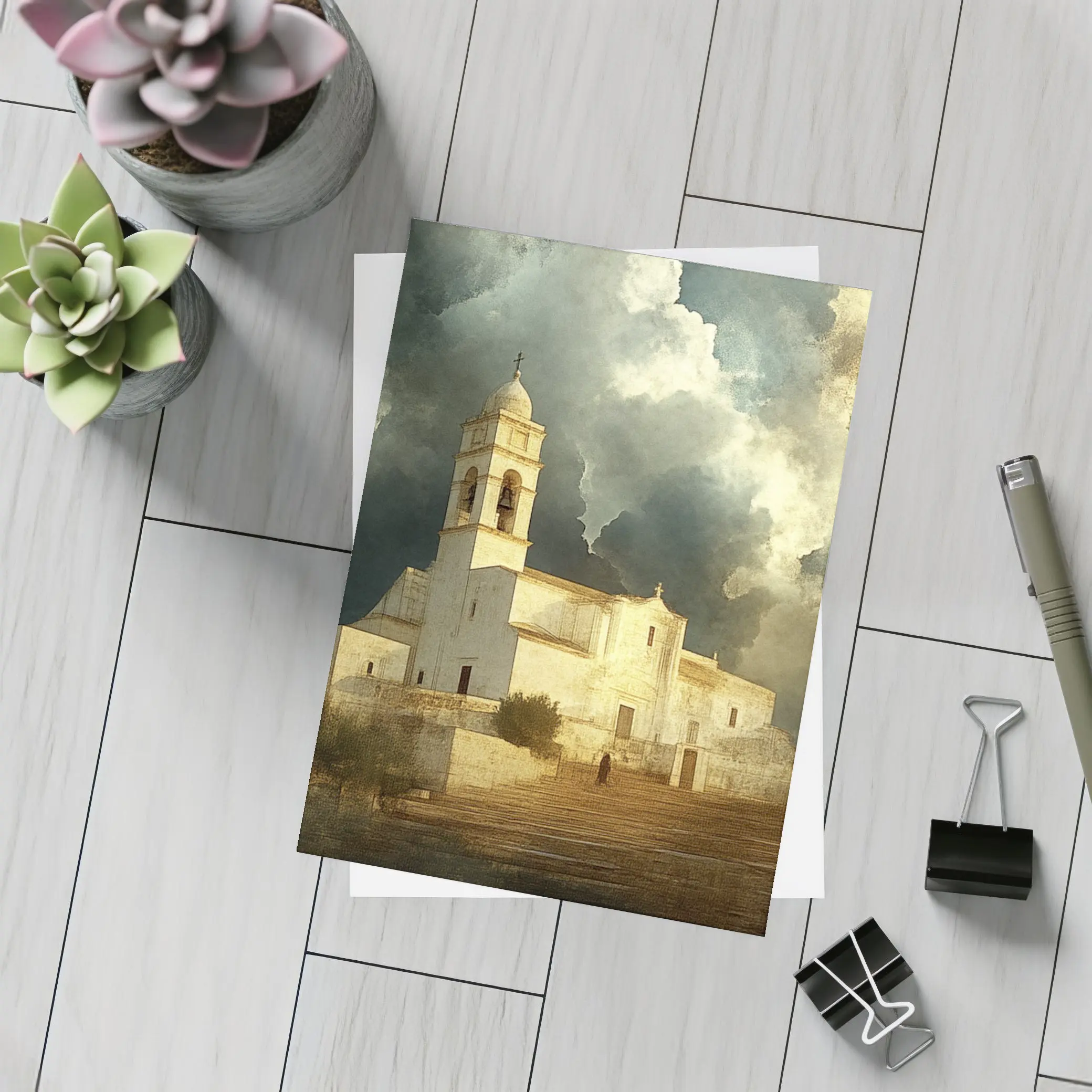 White Mediterranean Church Dramatic Storm Clouds – Postcards