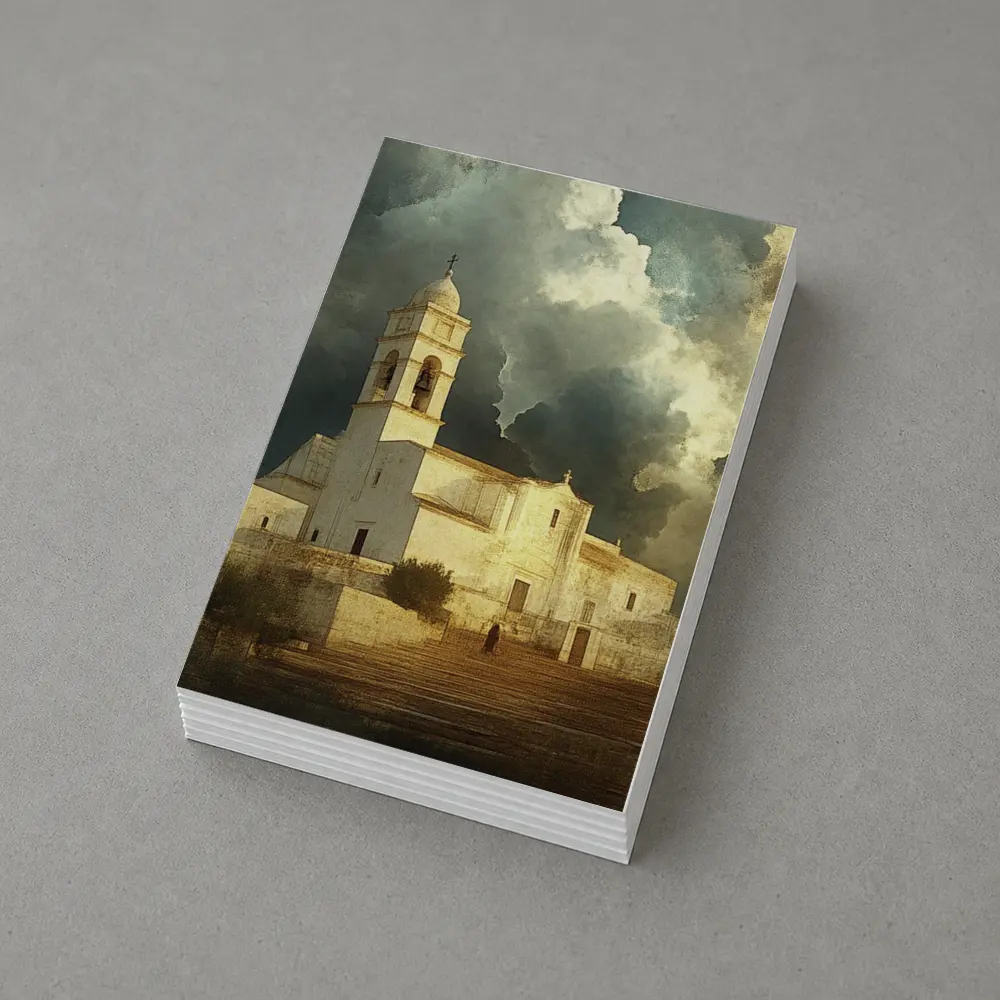 White Mediterranean Church Dramatic Storm Clouds – Postcards