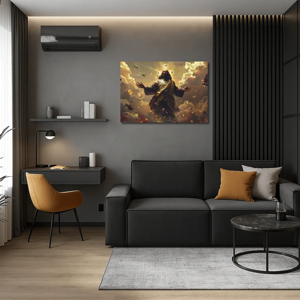 Jesus Christ Rising Above Clouds With Birds – Wall Art