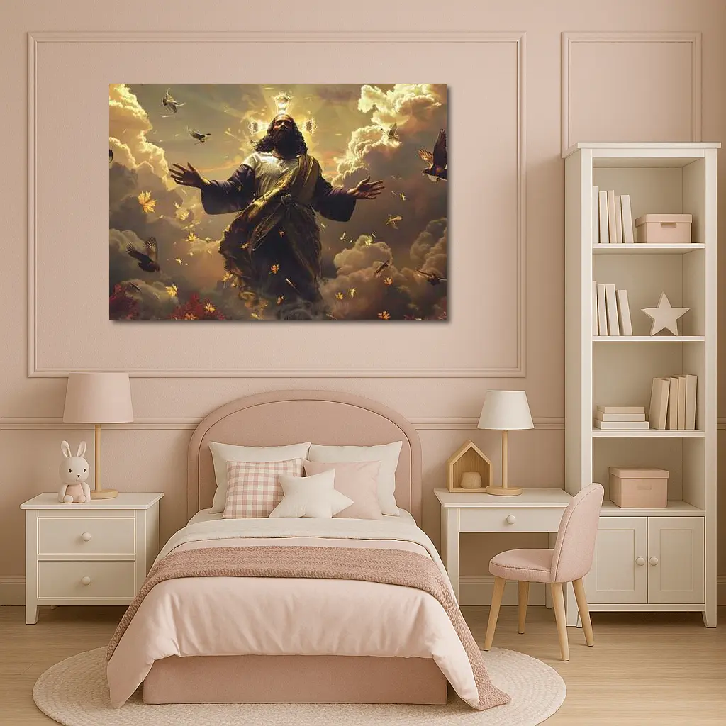 Jesus Christ Rising Above Clouds With Birds – Wall Art