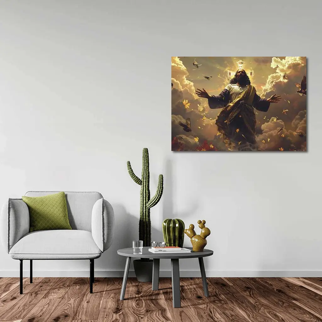 Jesus Christ Rising Above Clouds With Birds – Wall Art