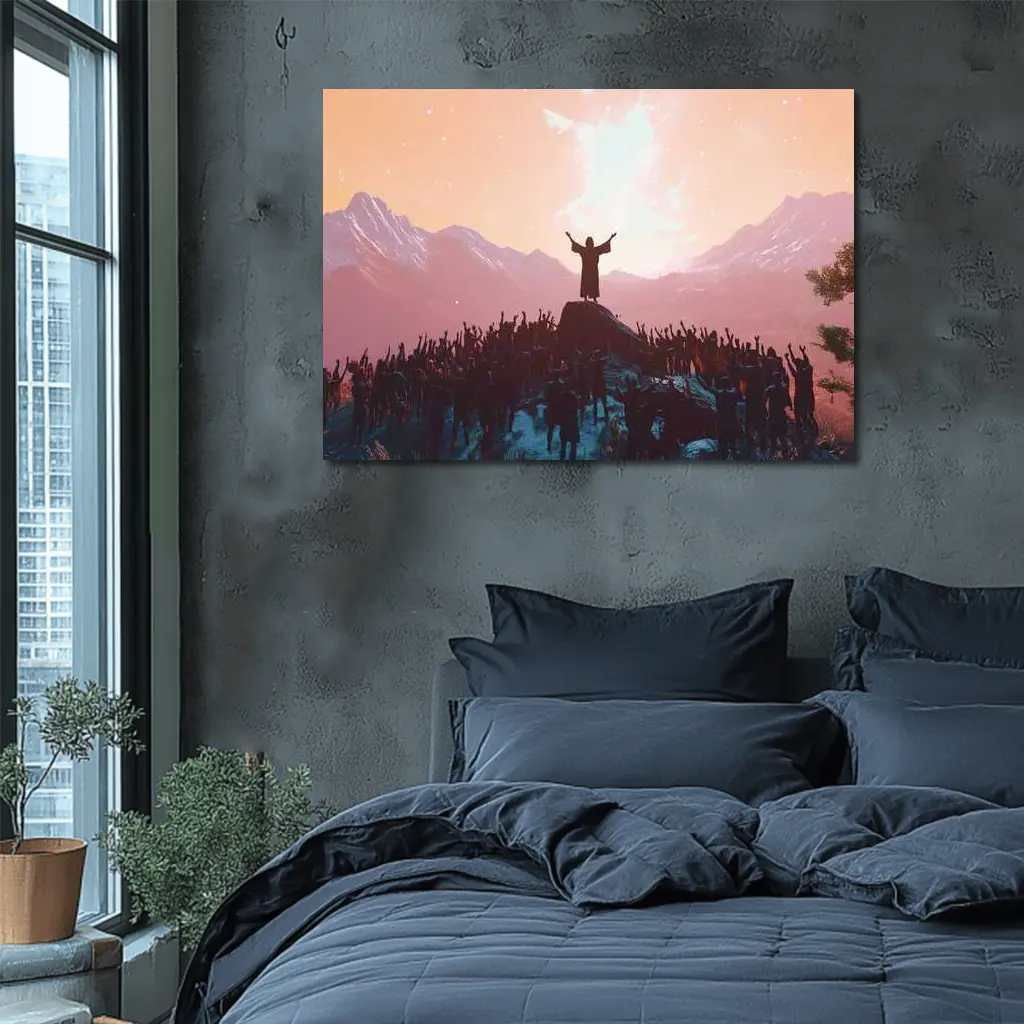 Jesus Preaching To Crowd Mountain Sunset – Wall Art