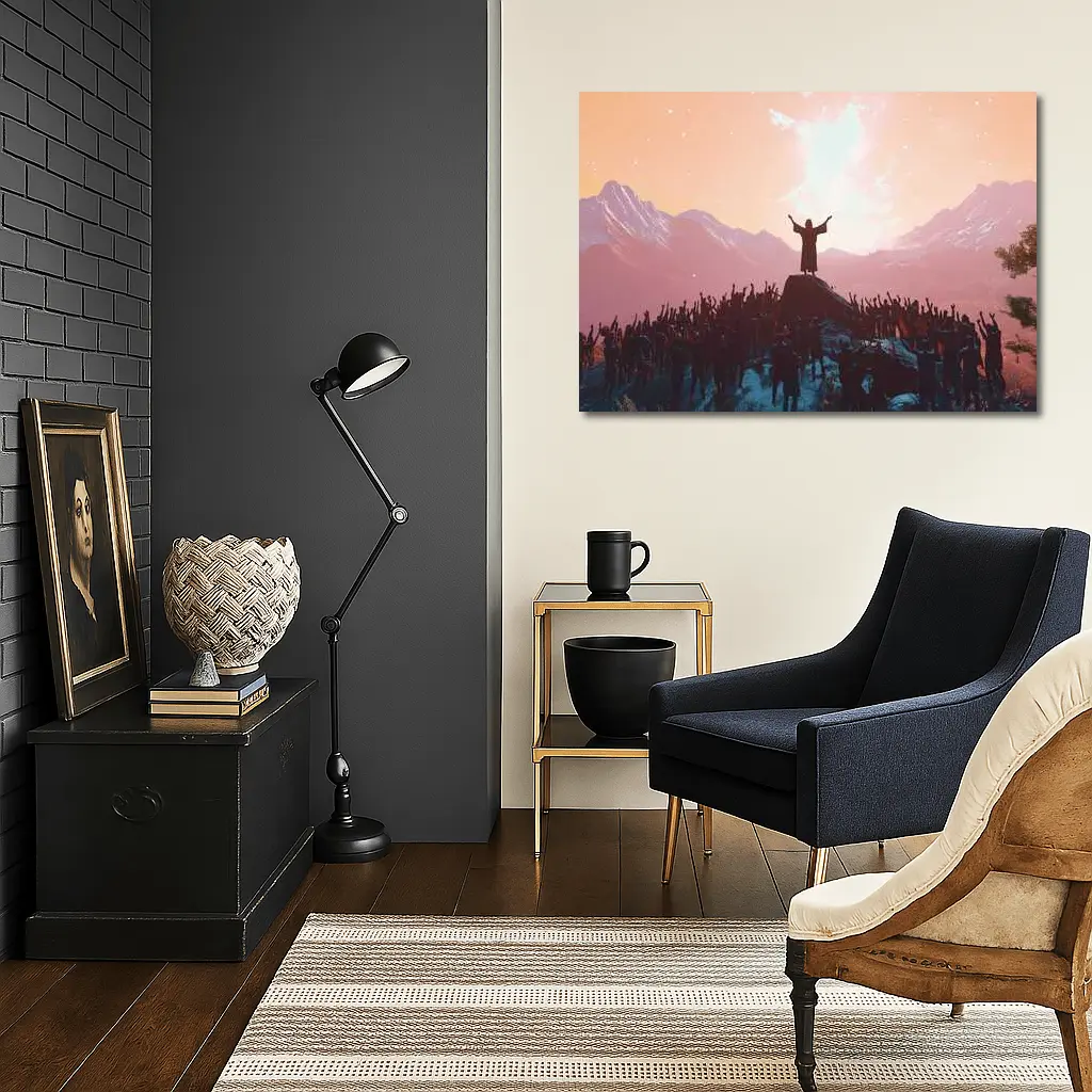 Jesus Preaching To Crowd Mountain Sunset – Wall Art