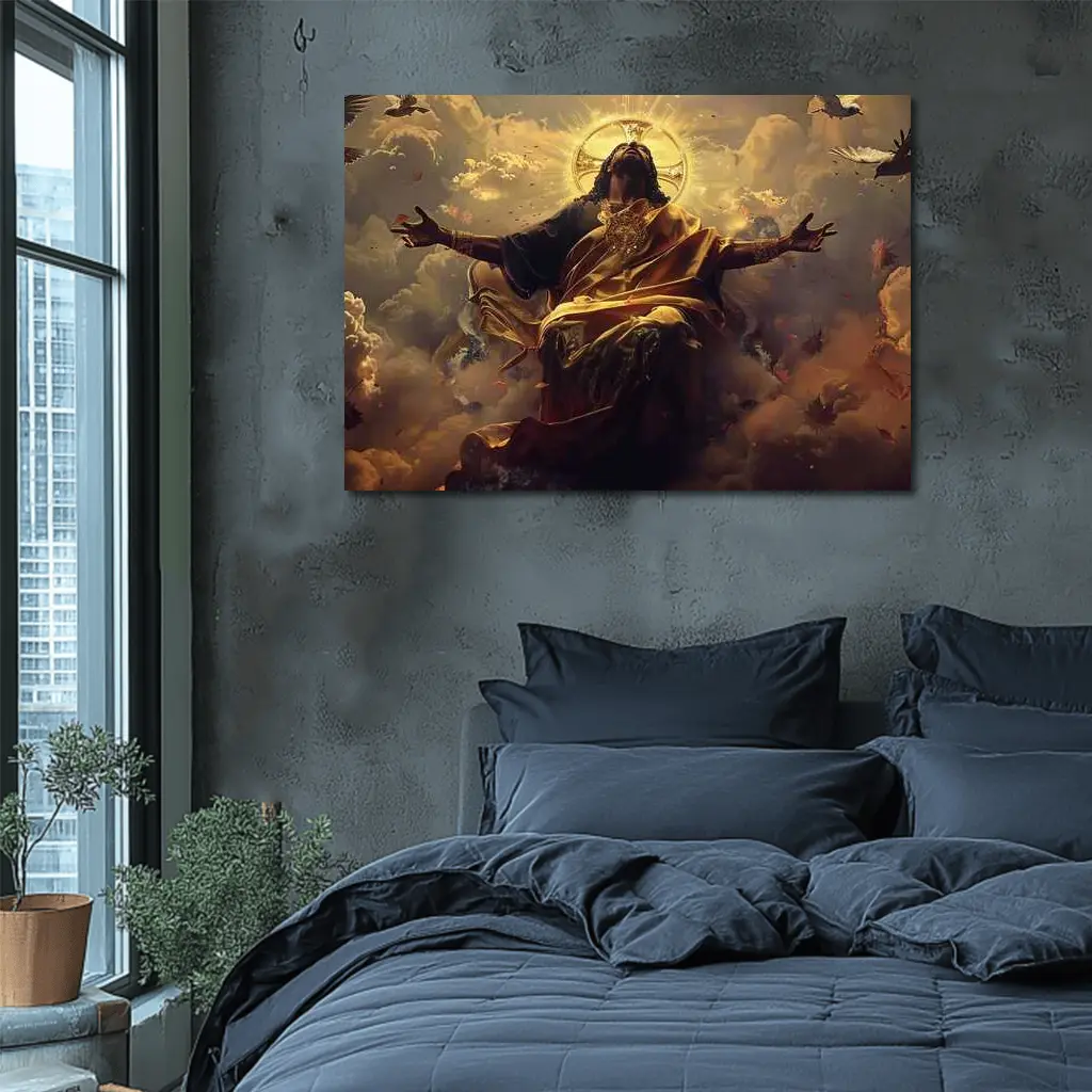 Jesus Christ Ascending Gold Divine Clouds Art – Wall Art