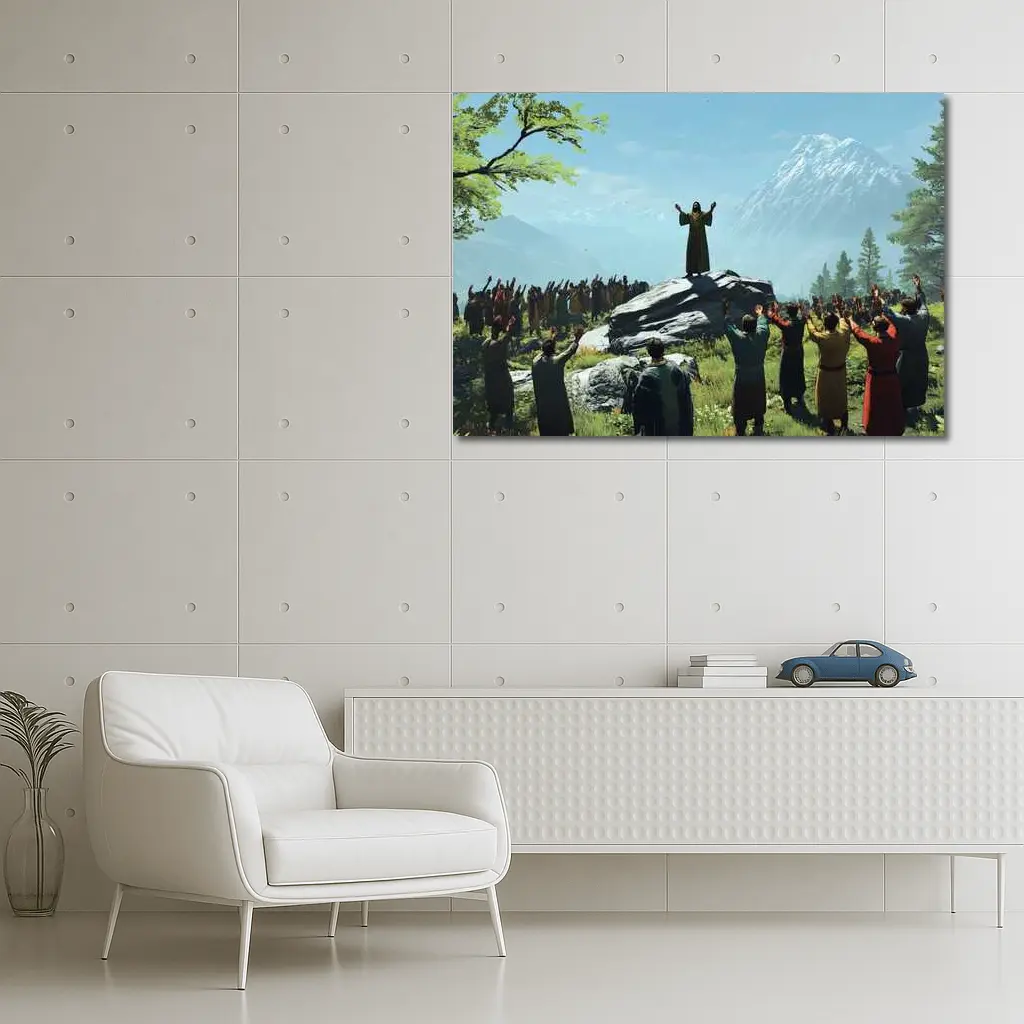 Jesus Preaching to Crowd Mountain Landscape – Wall Art