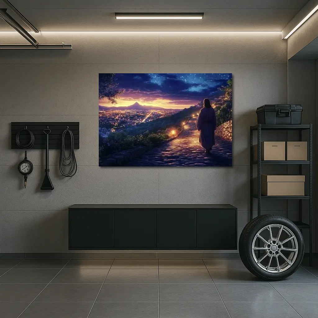 Jesus Walking Cobblestone Path Over Glowing City – Wall Art