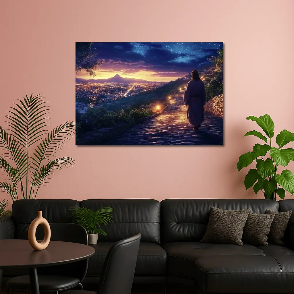 Jesus Walking Cobblestone Path Over Glowing City – Wall Art