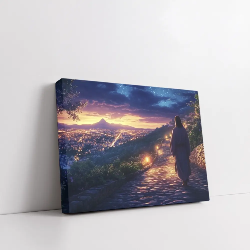 Jesus Walking Cobblestone Path Over Glowing City – Wall Art