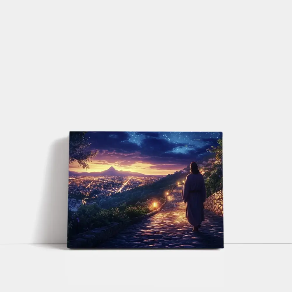 Jesus Walking Cobblestone Path Over Glowing City – Wall Art
