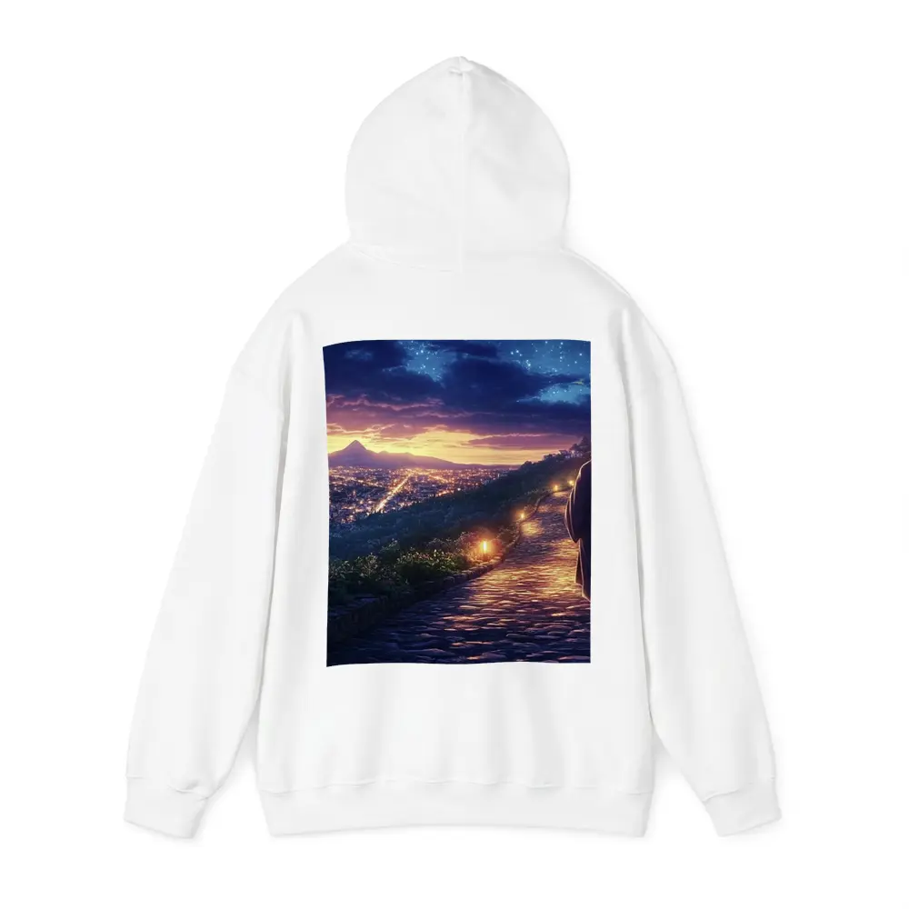 Jesus Walking Cobblestone Path Over Glowing City – Hoodies