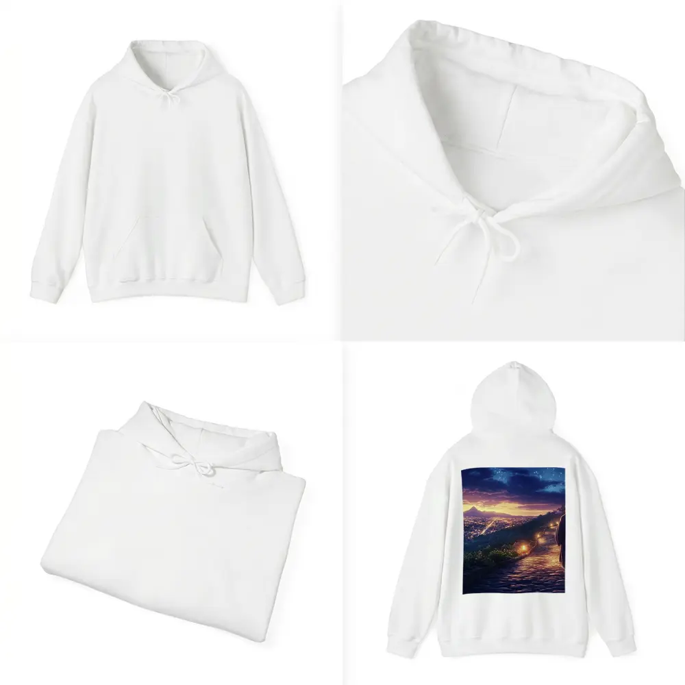 Jesus Walking Cobblestone Path Over Glowing City – Hoodies
