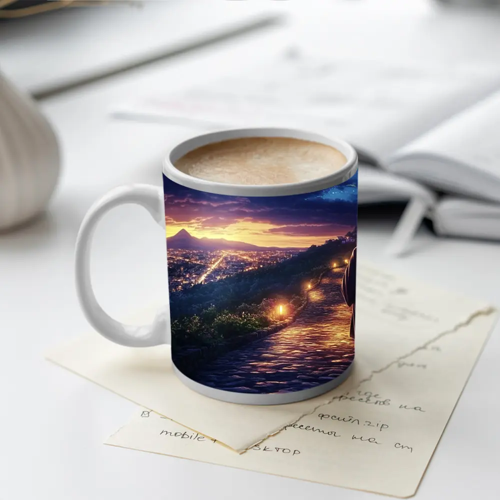 Jesus Walking Cobblestone Path Over Glowing City – Mugs