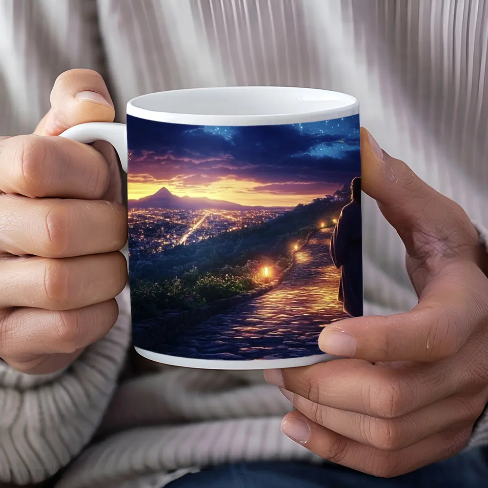 Jesus Walking Cobblestone Path Over Glowing City – Mugs