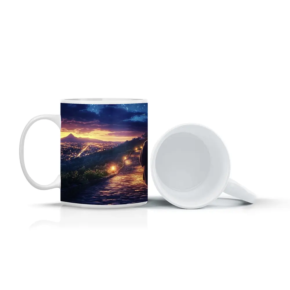 Jesus Walking Cobblestone Path Over Glowing City – Mugs