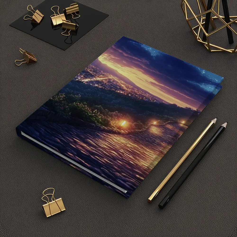 Jesus Walking Cobblestone Path Over Glowing City – Notebooks