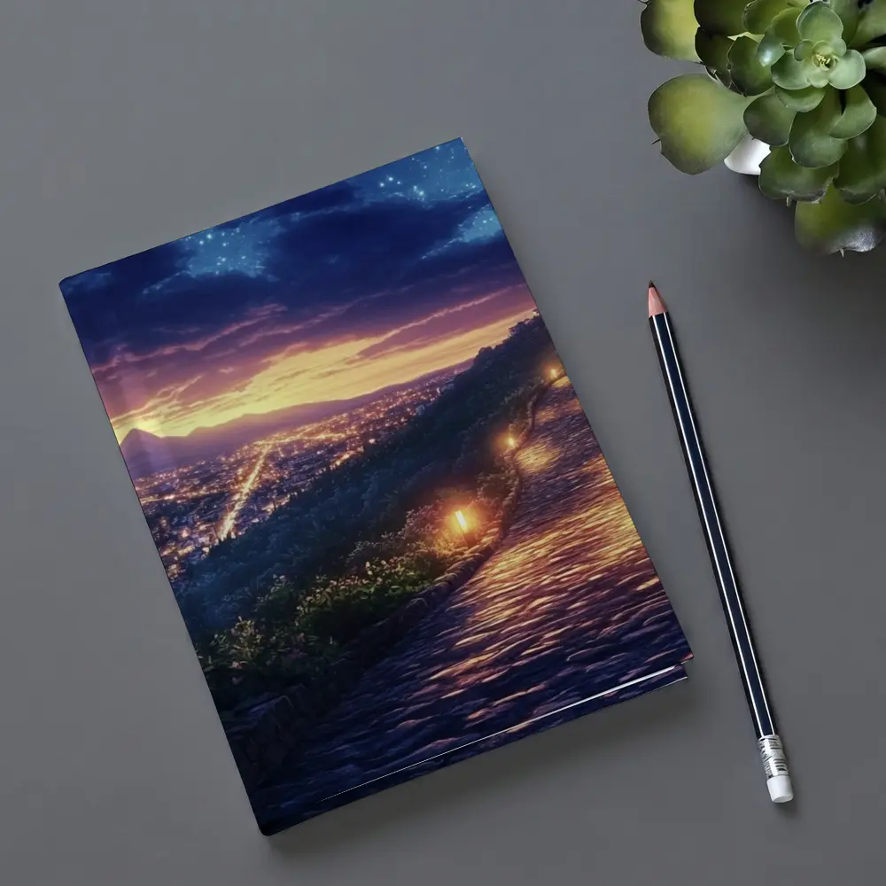 Jesus Walking Cobblestone Path Over Glowing City – Notebooks