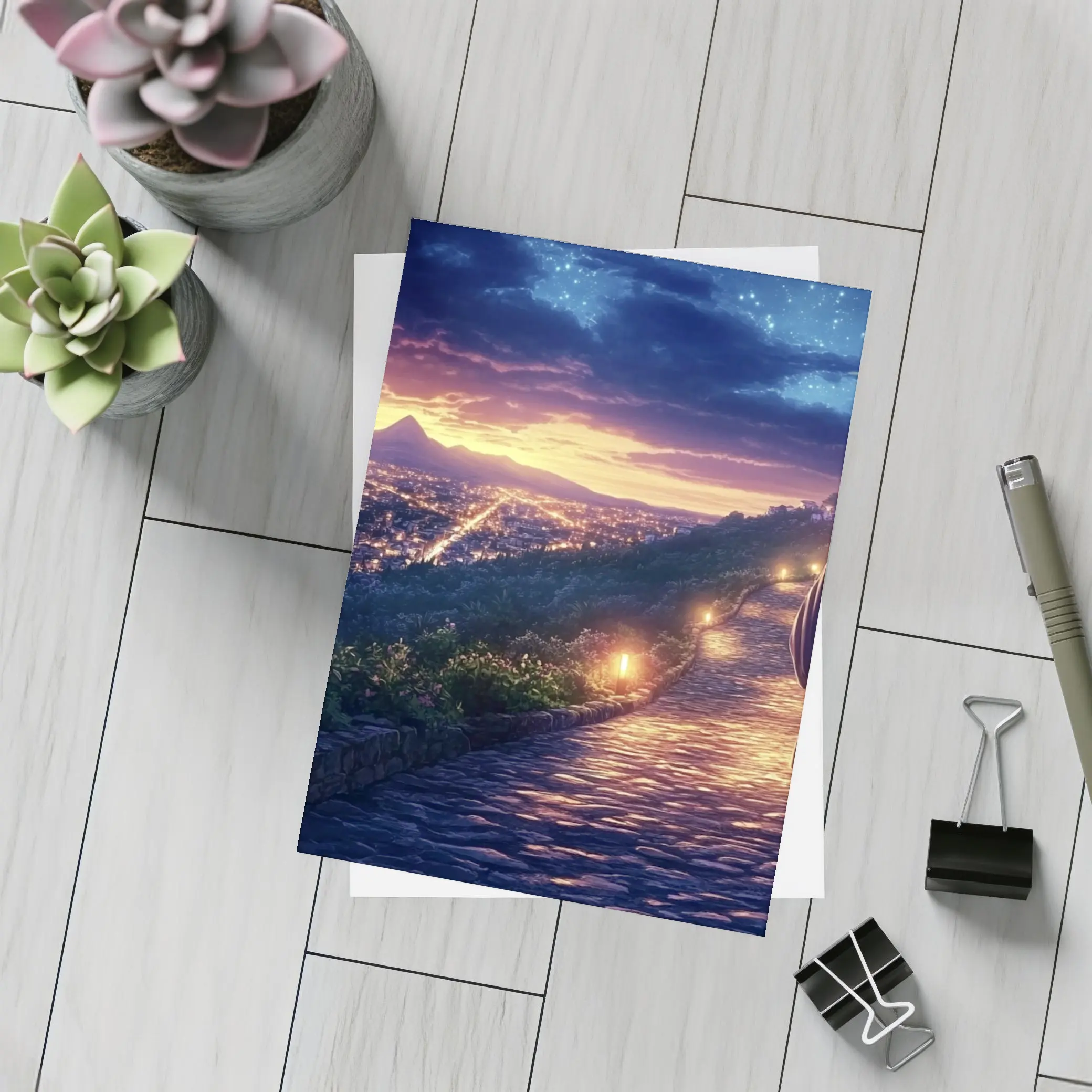 Jesus Walking Cobblestone Path Over Glowing City – Postcards