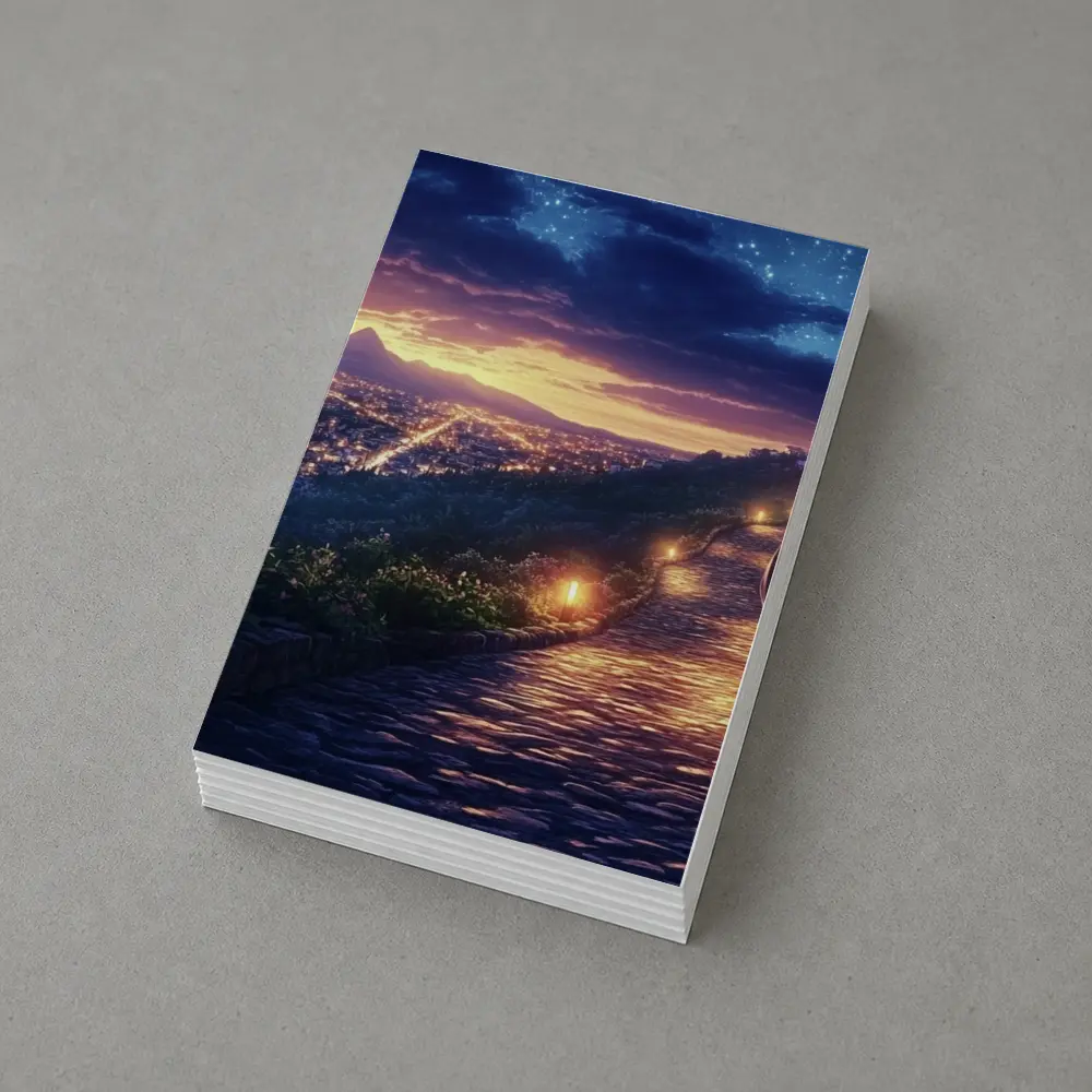 Jesus Walking Cobblestone Path Over Glowing City – Postcards