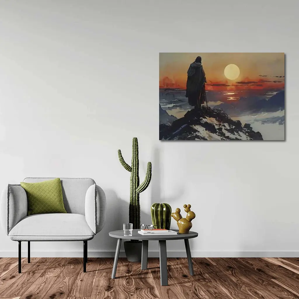 Warrior Figure Watching Sunset Over Mountains – Wall Art
