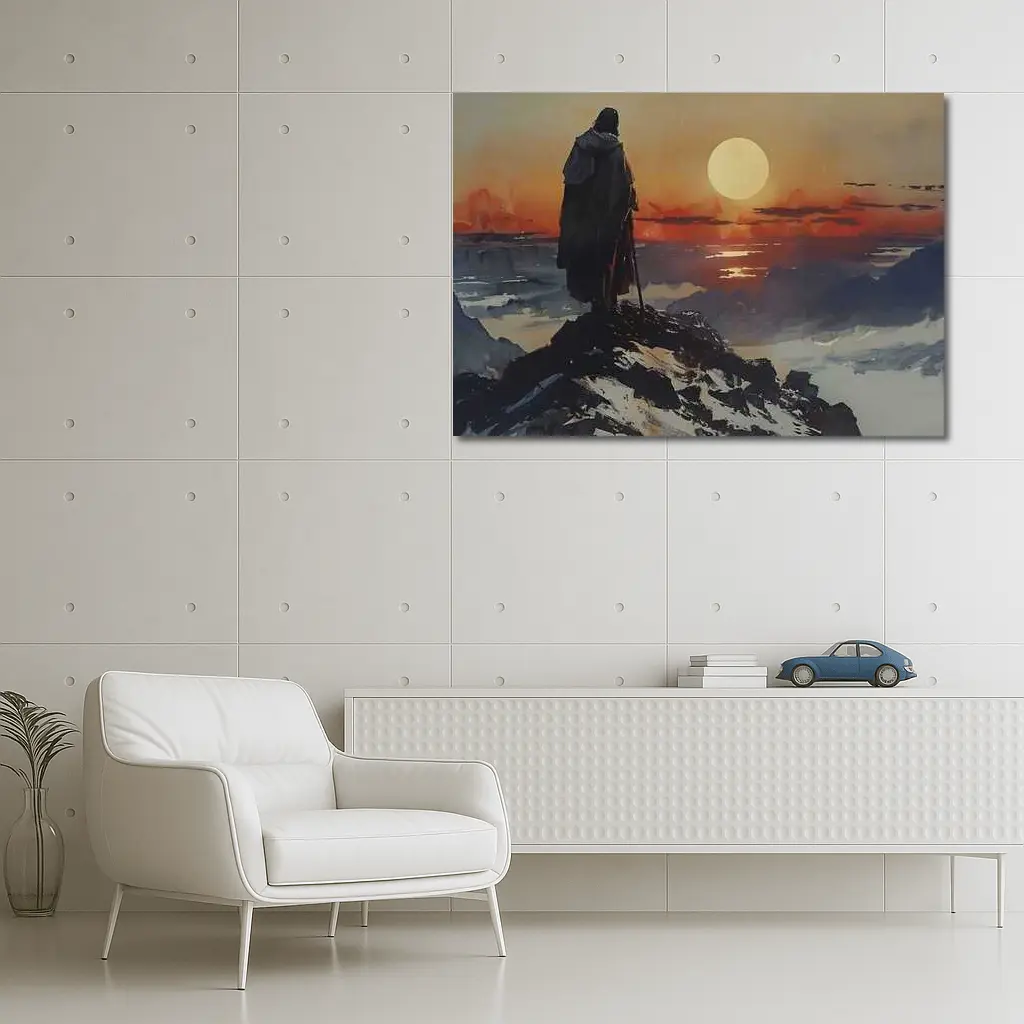 Warrior Figure Watching Sunset Over Mountains – Wall Art