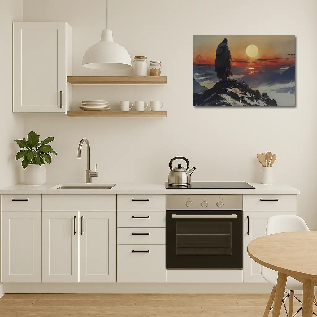 Warrior Figure Watching Sunset Over Mountains – Wall Art