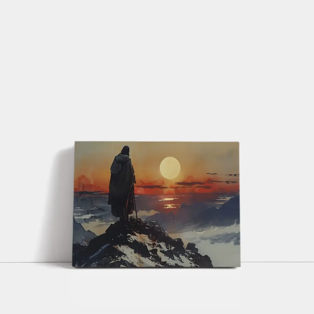 Warrior Figure Watching Sunset Over Mountains – Wall Art