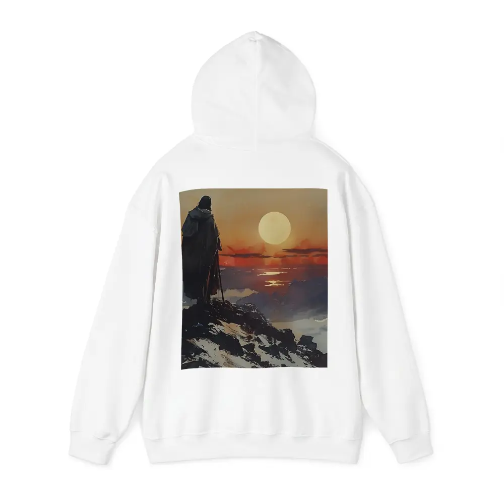Warrior Figure Watching Sunset Over Mountains – Hoodies