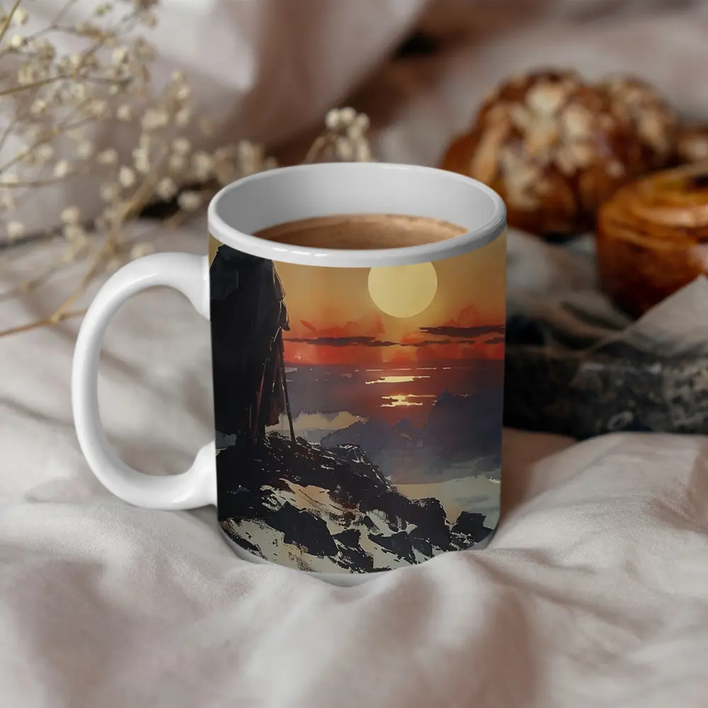 Warrior Figure Watching Sunset Over Mountains – Mugs