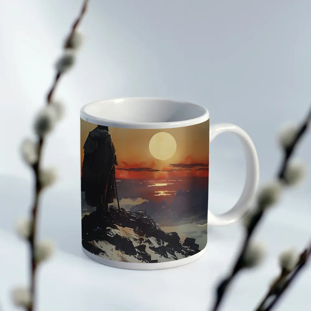 Warrior Figure Watching Sunset Over Mountains – Mugs
