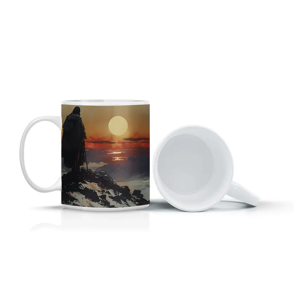 Warrior Figure Watching Sunset Over Mountains – Mugs