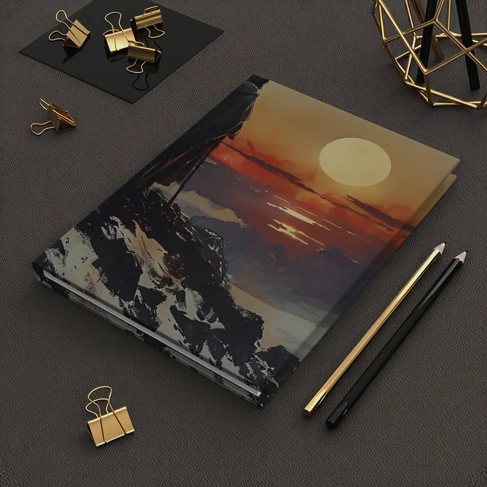 Warrior Figure Watching Sunset Over Mountains – Notebooks