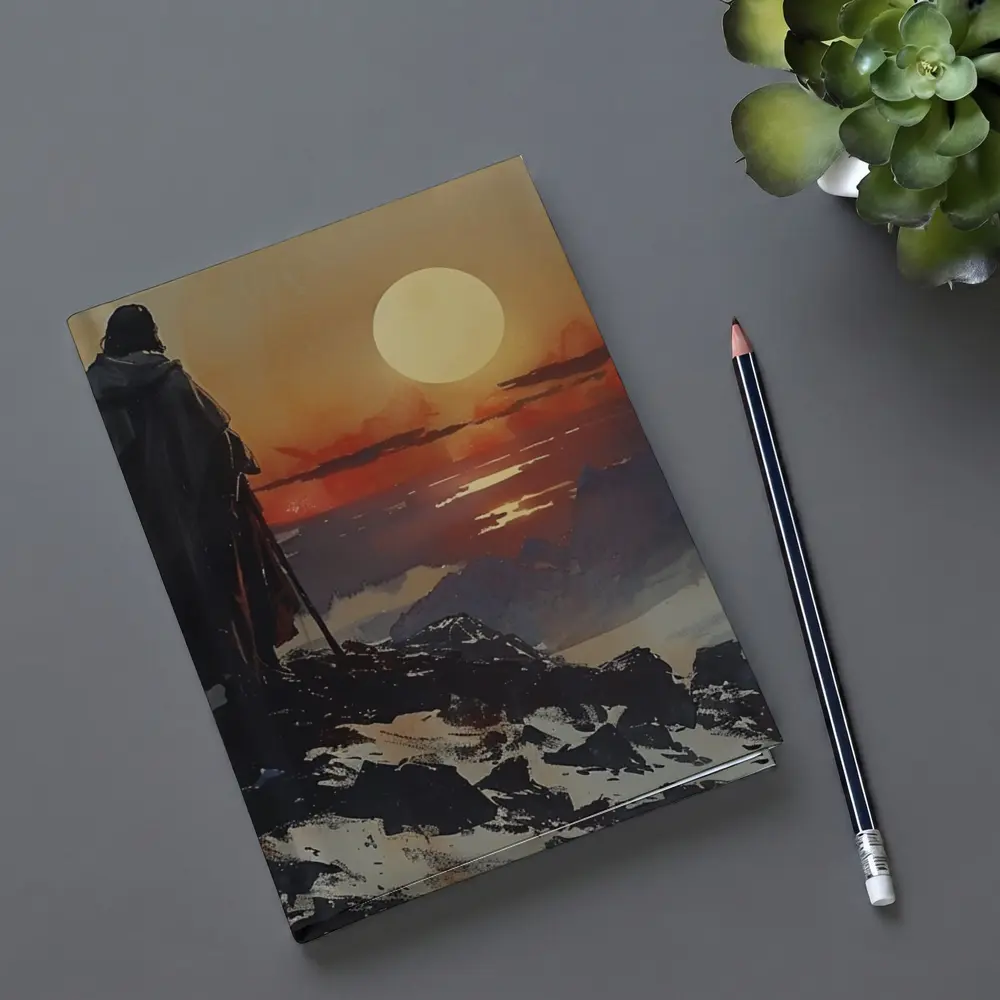 Warrior Figure Watching Sunset Over Mountains – Notebooks