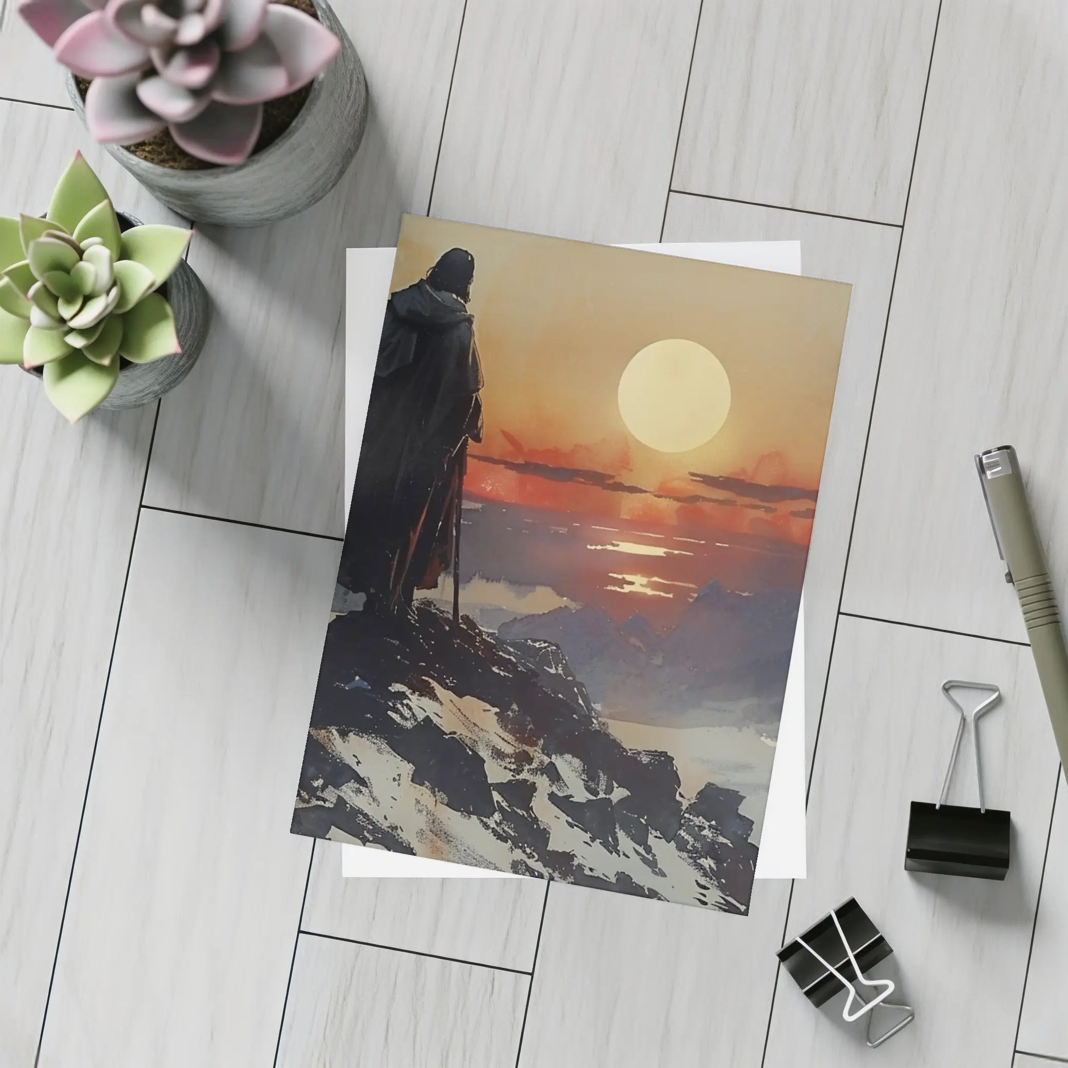 Warrior Figure Watching Sunset Over Mountains – Postcards