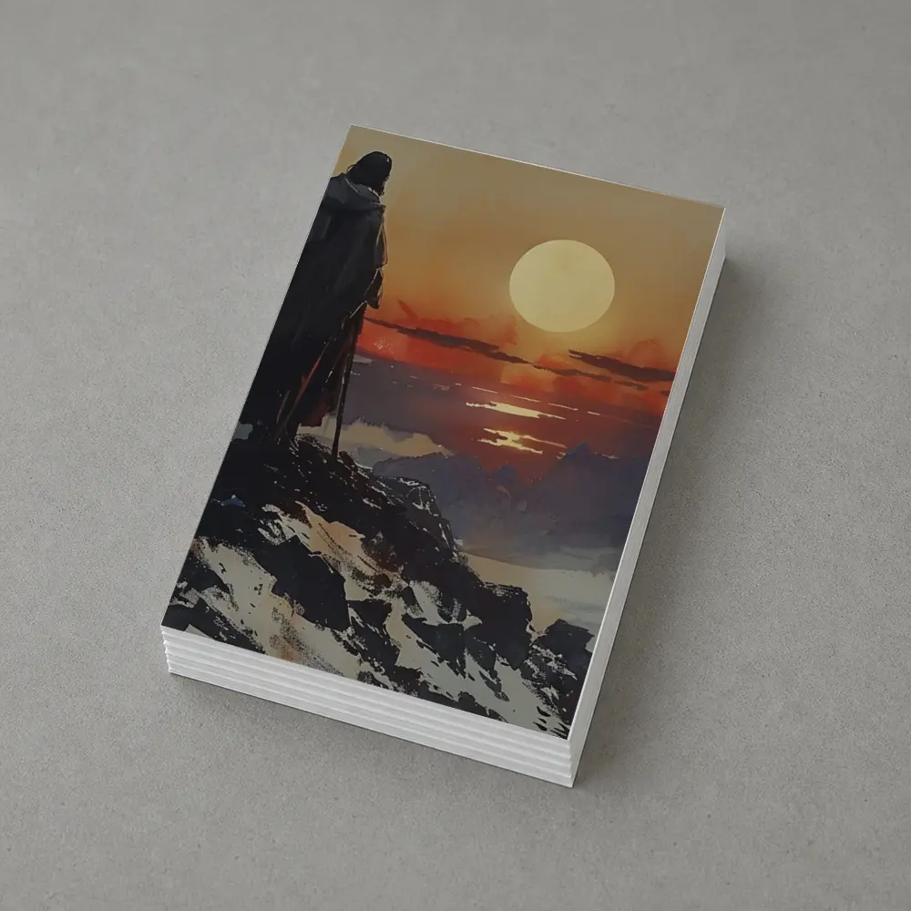 Warrior Figure Watching Sunset Over Mountains – Postcards