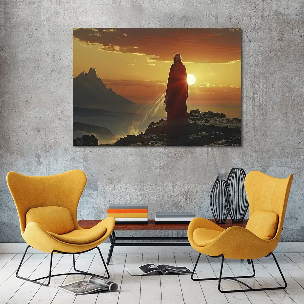 Jesus Standing on Rocky Cliff at Sunset – Wall Art