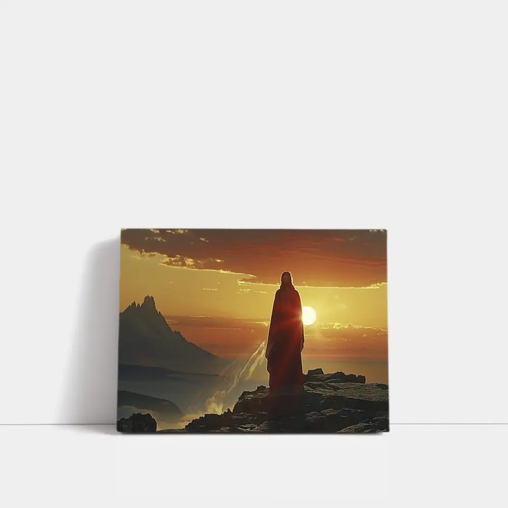 Jesus Standing on Rocky Cliff at Sunset – Wall Art