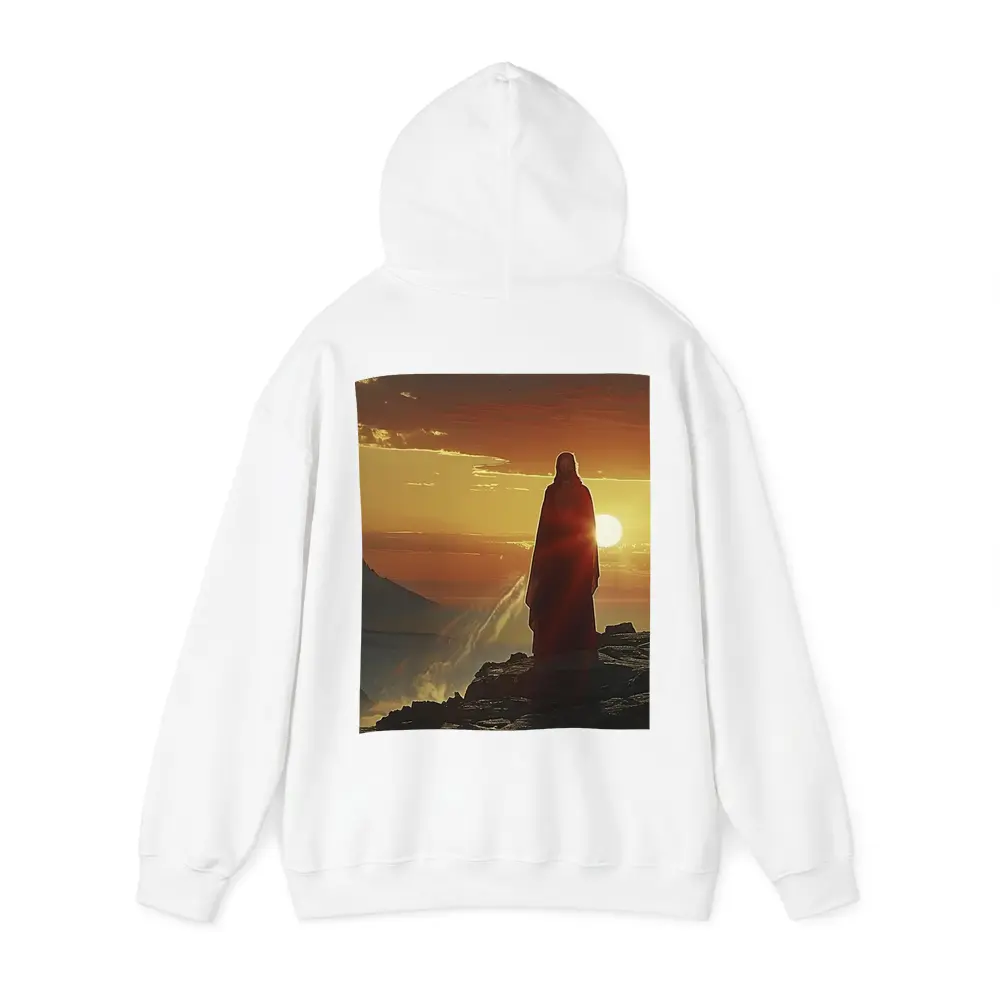 Jesus Standing on Rocky Cliff at Sunset – Hoodies