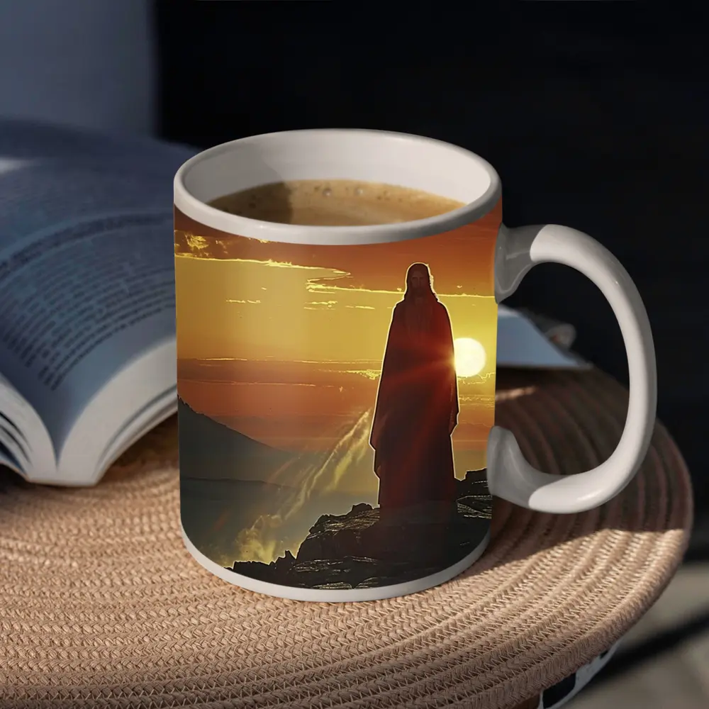 Jesus Standing on Rocky Cliff at Sunset – Mugs