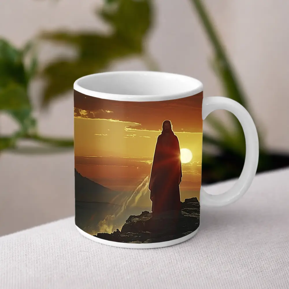 Jesus Standing on Rocky Cliff at Sunset – Mugs