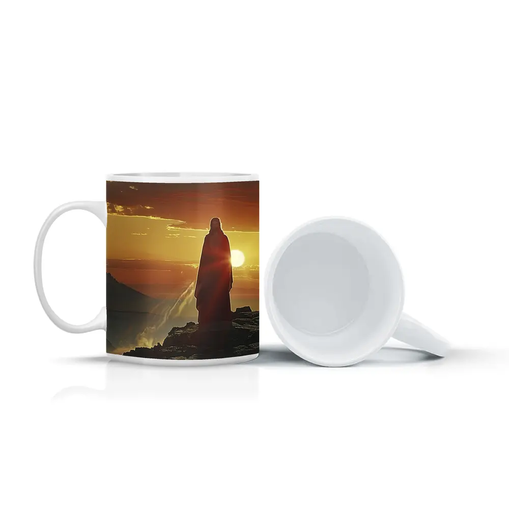 Jesus Standing on Rocky Cliff at Sunset – Mugs