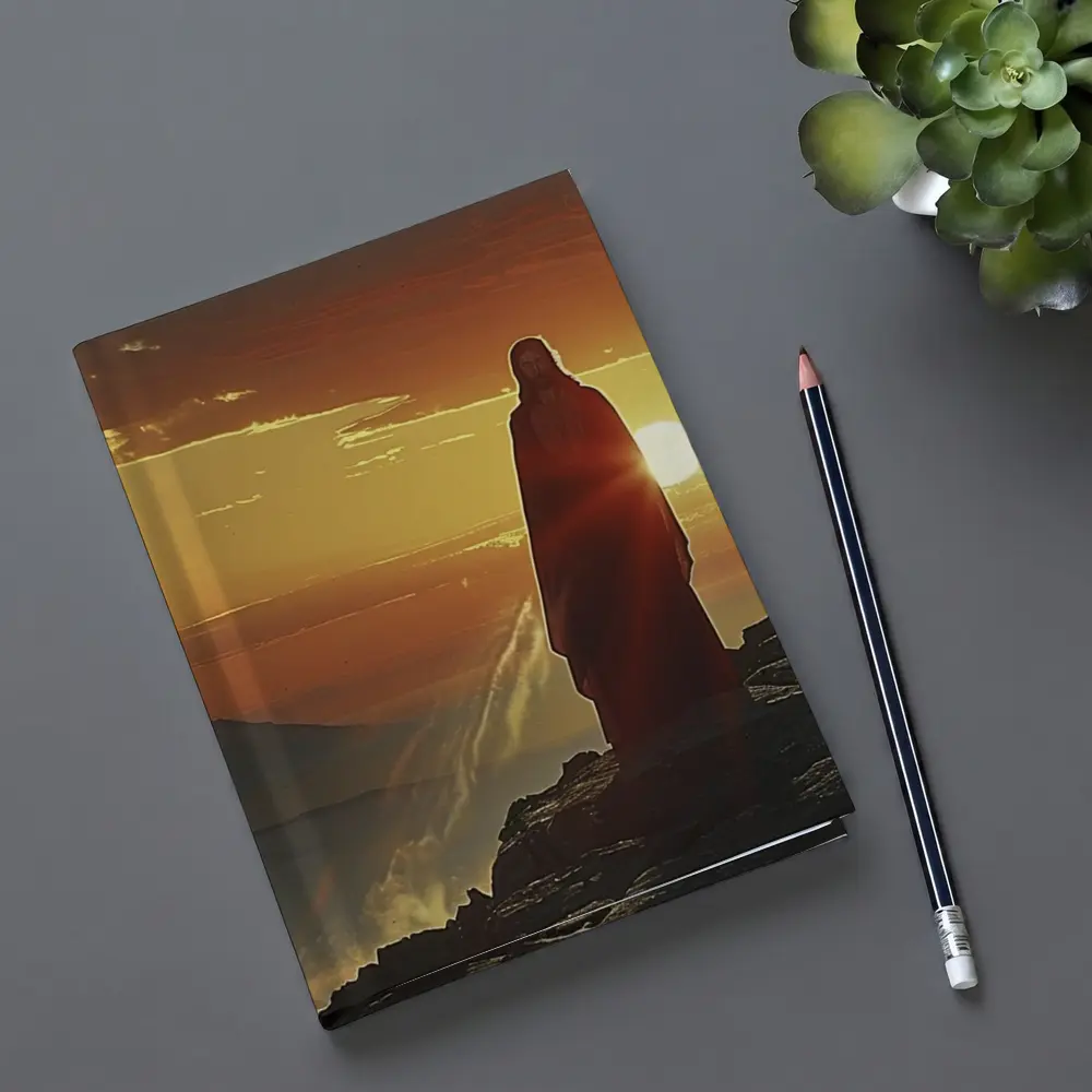 Jesus Standing on Rocky Cliff at Sunset – Notebooks