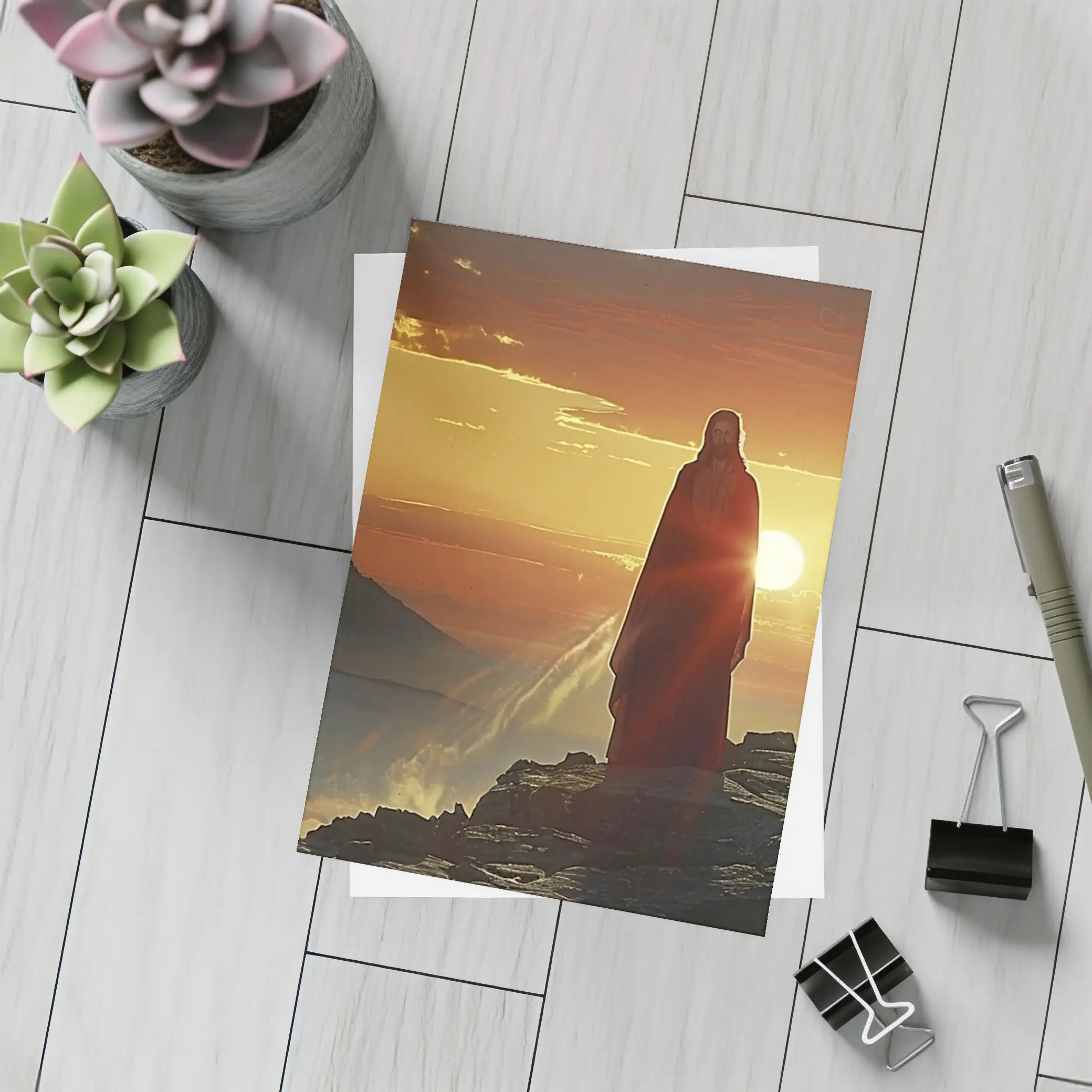 Jesus Standing on Rocky Cliff at Sunset – Postcards