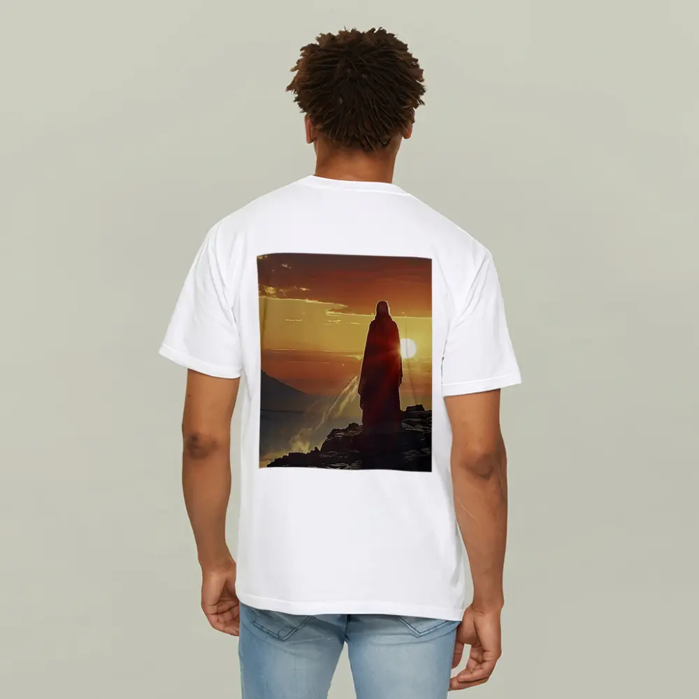Jesus Standing on Rocky Cliff at Sunset – T-Shirts